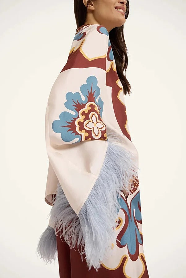 Bohemian Dreams Unique Print High Neck Feather Trim Bell Sleeve Top