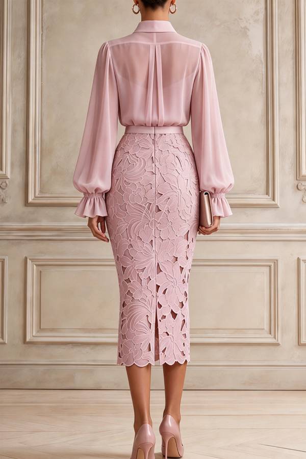 Becka Chiffon Pleated Lantern Sleeve Blouse and High Rise Embroidered Floral Pencil Skirt Set