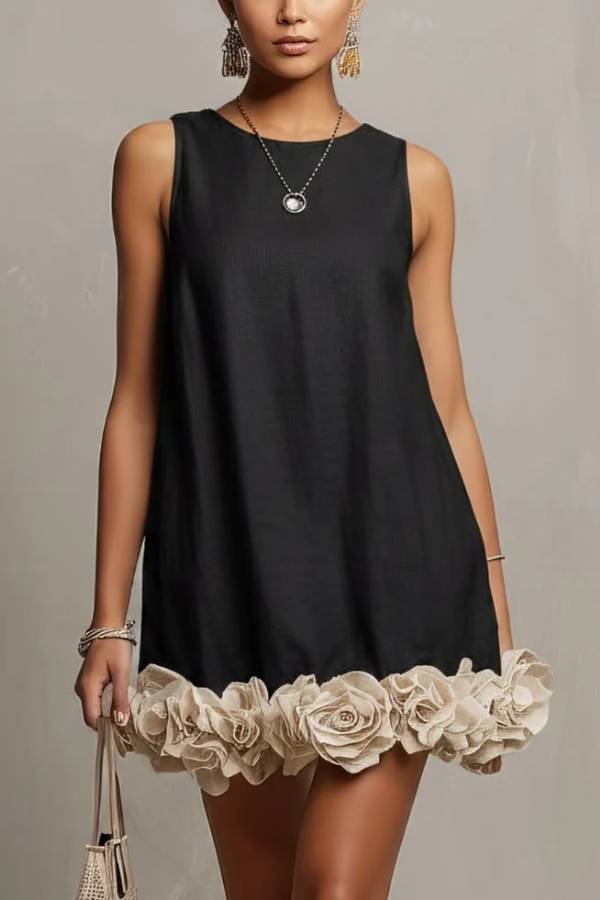 Black Sleeveless 3D Flower Detail Loose Mini Dress