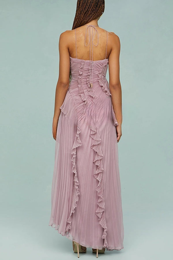Dream Ode Lily Pad Style Pleats and Ruffles Halter Gown Maxi Dress