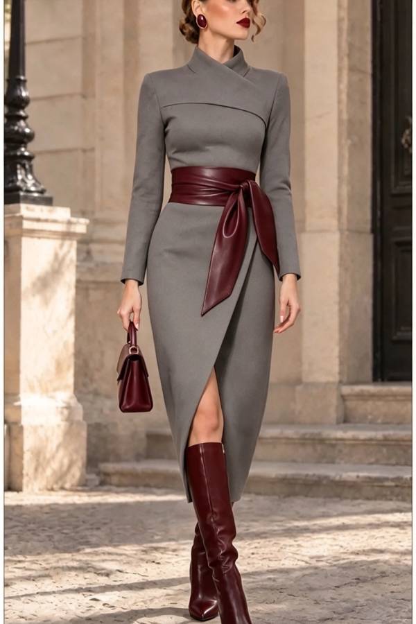 Nayla High Neck Long Sleeve Leather Belted Asymmetrical Slit Hem Midi Dress