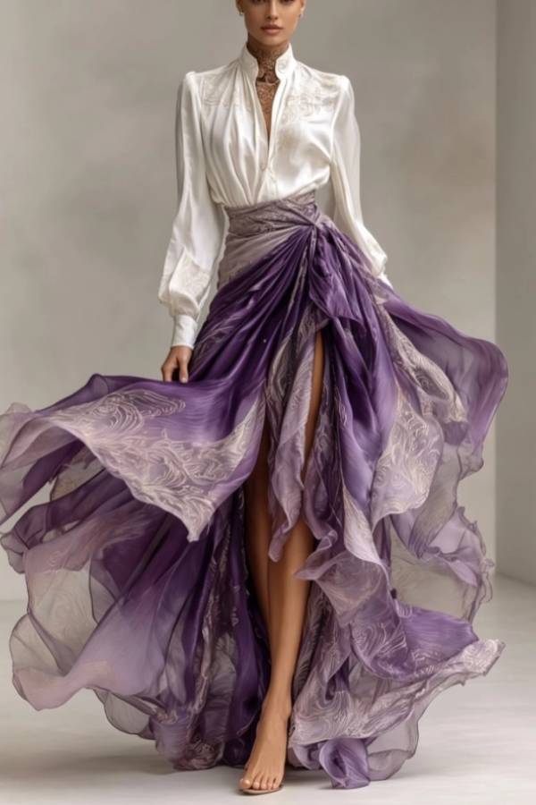 Two-piece Embroidered Satin Shirt With Vertical Collar Gradient Purple Kink Split Floating Dress