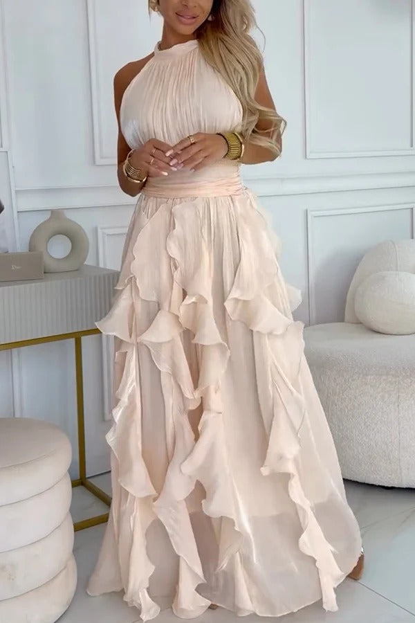 Clara Shimmer Fabric High Tie-up Neck Sleeveless Layered Ruffles Hem Maxi Dress