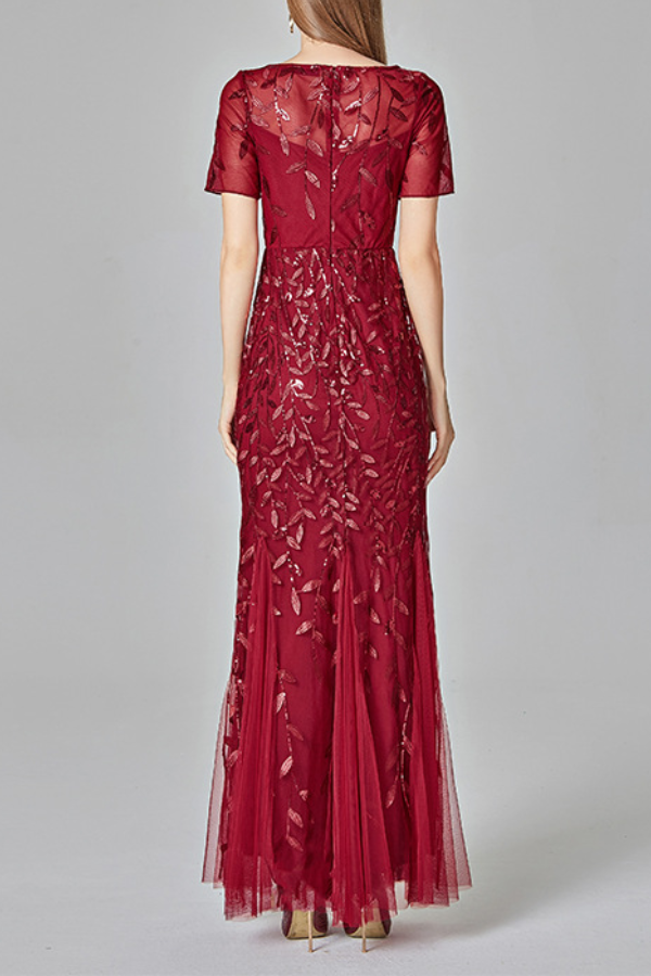Short‑Sleeve Sequin Tulle Mermaid Evening Gown Maxi Dress