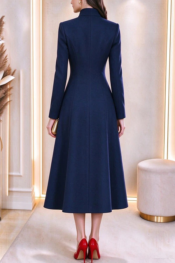 French Style Stand Collar Single Button Placket A-line Trench Coat Midi Dress