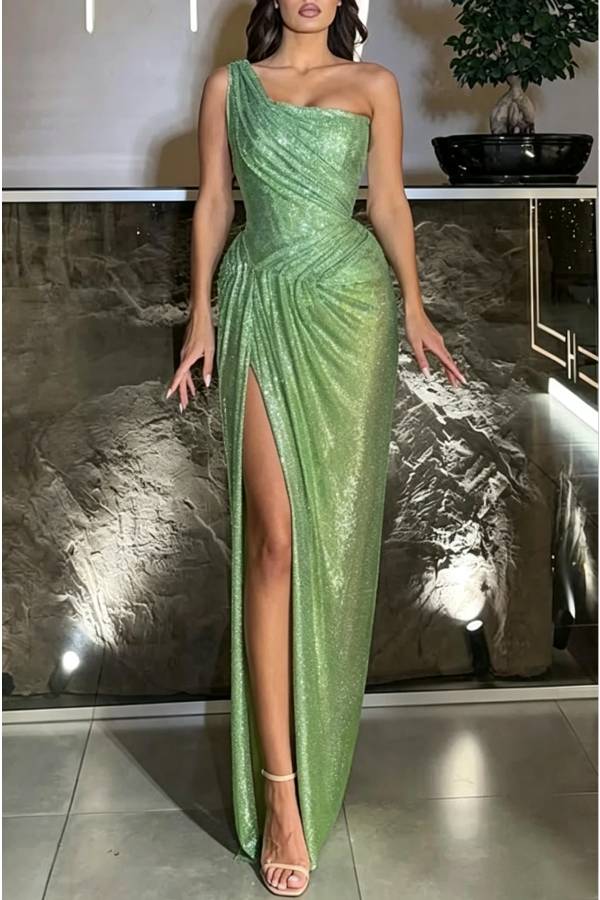 Elisabeth Sequin Pleated Design One Shoulder Slit Drape Gown Maxi Dress
