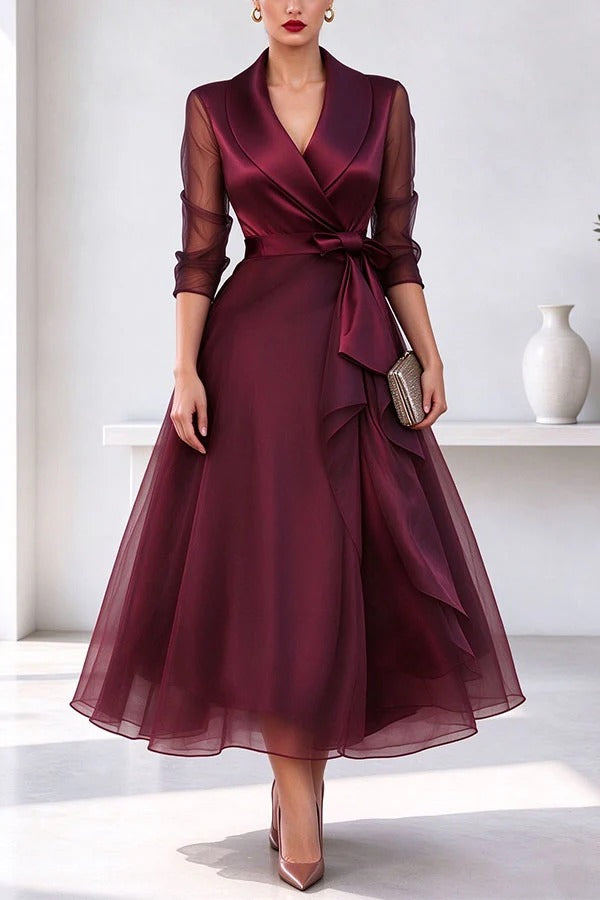 Sophia's Elegant Organza Wrap Midi Dress