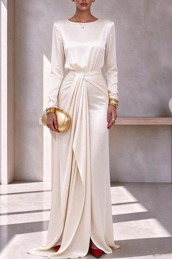 Luna Satin Long Sleeve Top and High Rise Tie-up Waist Slit Maxi Skirt Set