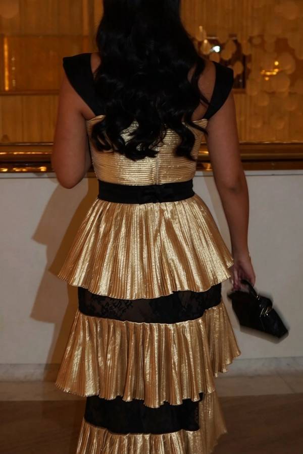 Golden Age Pleated Metallic Fabric Bow Color-block Tiered Hem Maxi Dress