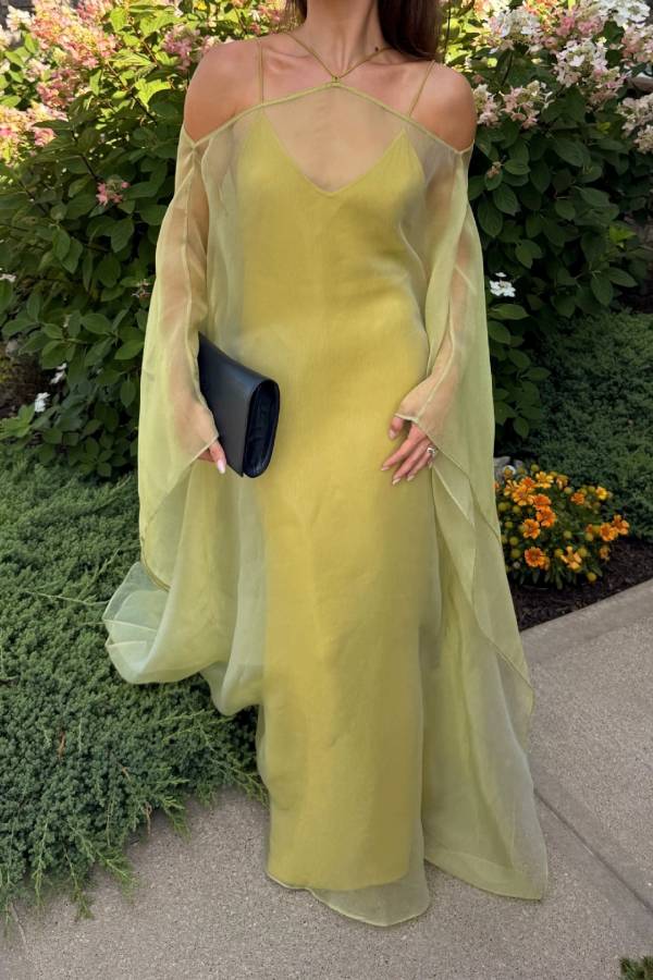 Halter Off‑Shoulder Sheer Mesh Two‑Piece Evening Maxi Dress