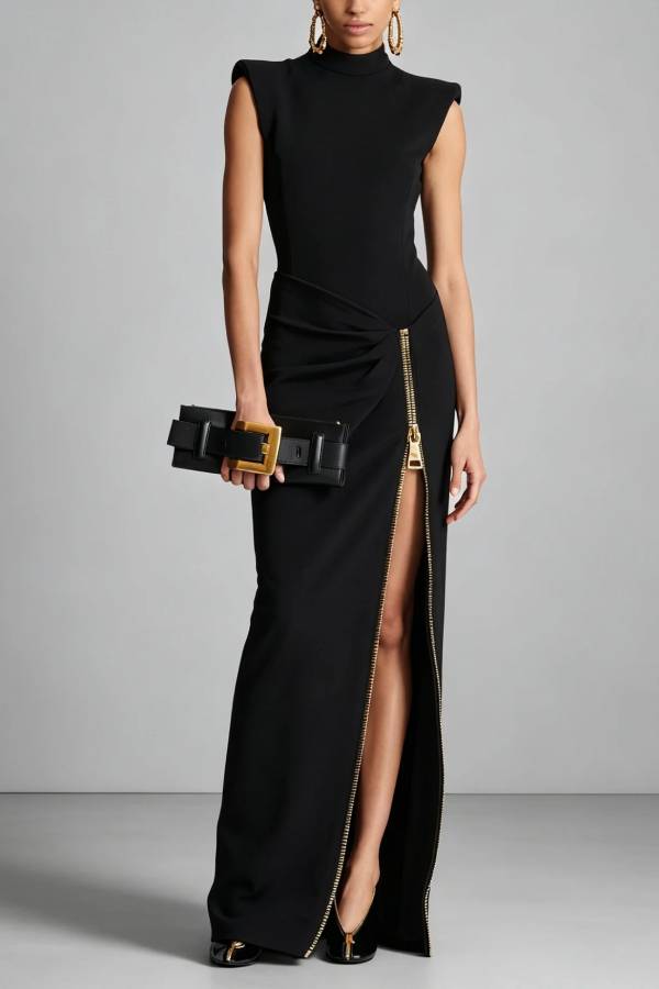 Premium black sleeveless maxi dress with zipper and slit