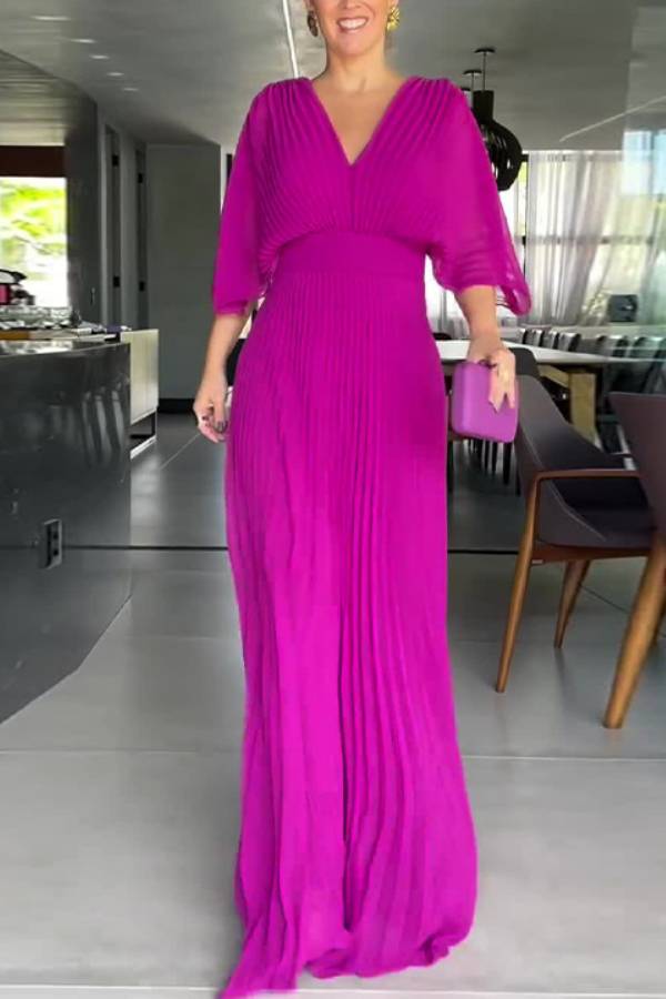 Deep V Batwing Sleeve Pleated Waist Cinched Maxi Evening Gown