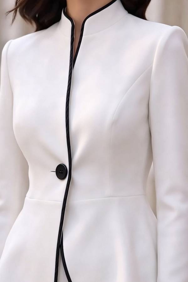 Nayla Color Block Trim Stand Neck Long Sleeve Button High Low Hem Top and Elastic Waist Flare Pants Set