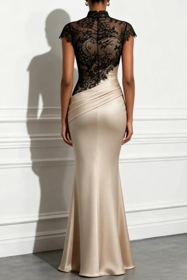 Champagne-colored satin mermaid gown with black lace