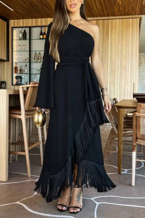 One Shoulder Bell Sleeve Fringe Maxi Dress Self Tie Waist Asymmetric Slit Party Vacation Long Gown