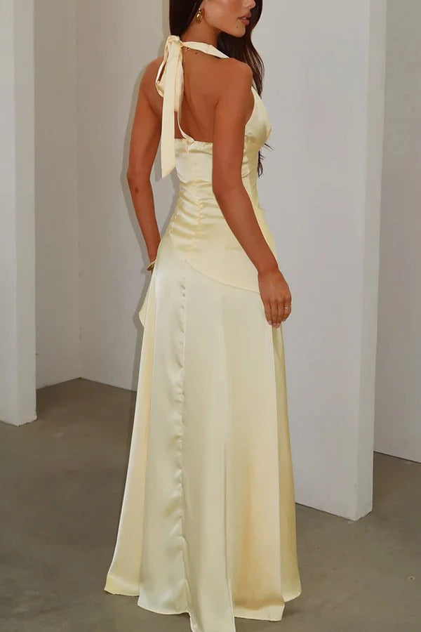Wrenly Satin Pleated Halter V-neck Side Ruffles Slit Hem Maxi Dress