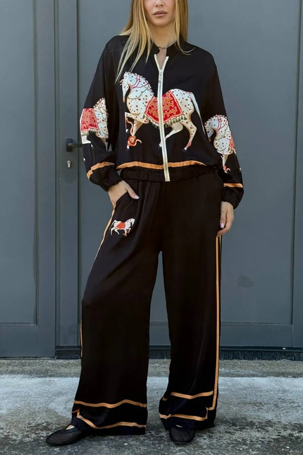 Vintage Horse Print Zip‑Up Casual Two‑Piece Set