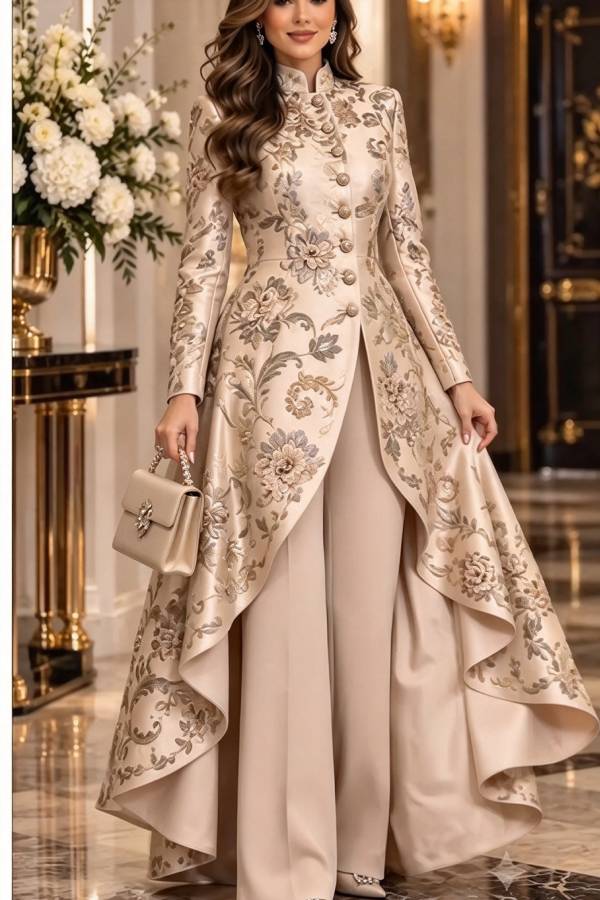 Isenrae Floral Print Stand Neck Long Sleeve Button High Low Hem Top and Wide Leg Pants Set