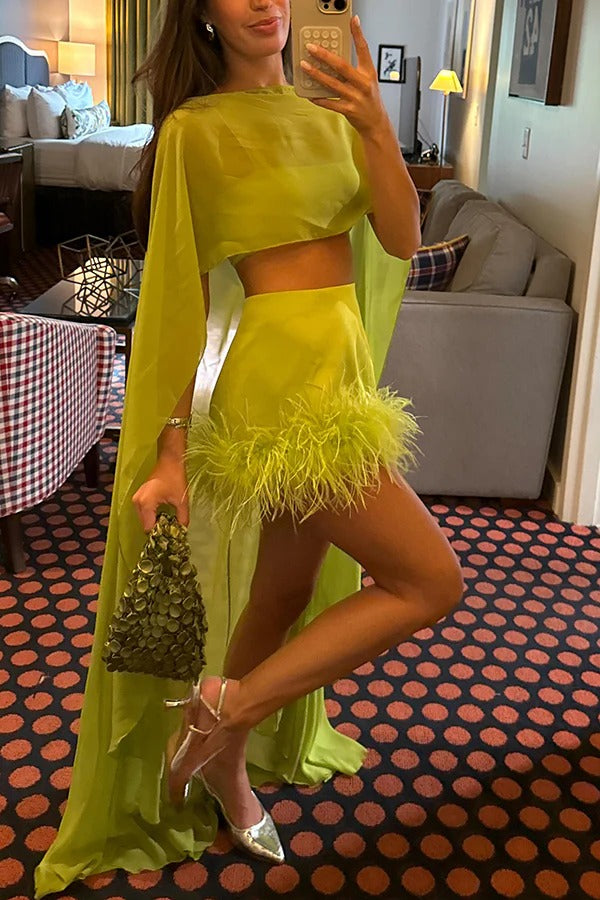 Mia Chiffon High Low Hem Cape Top and Satin Mid Rise Feather Trim Mini Skirt Set