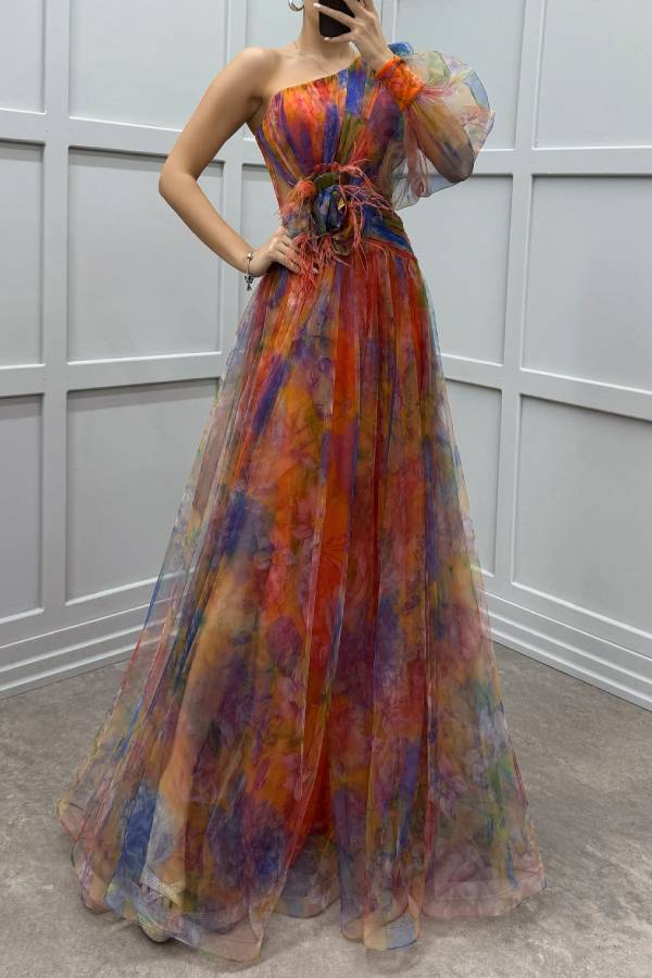 Floral Decor Chiffon Print One Shoulder Evening Gown Maxi Dresses