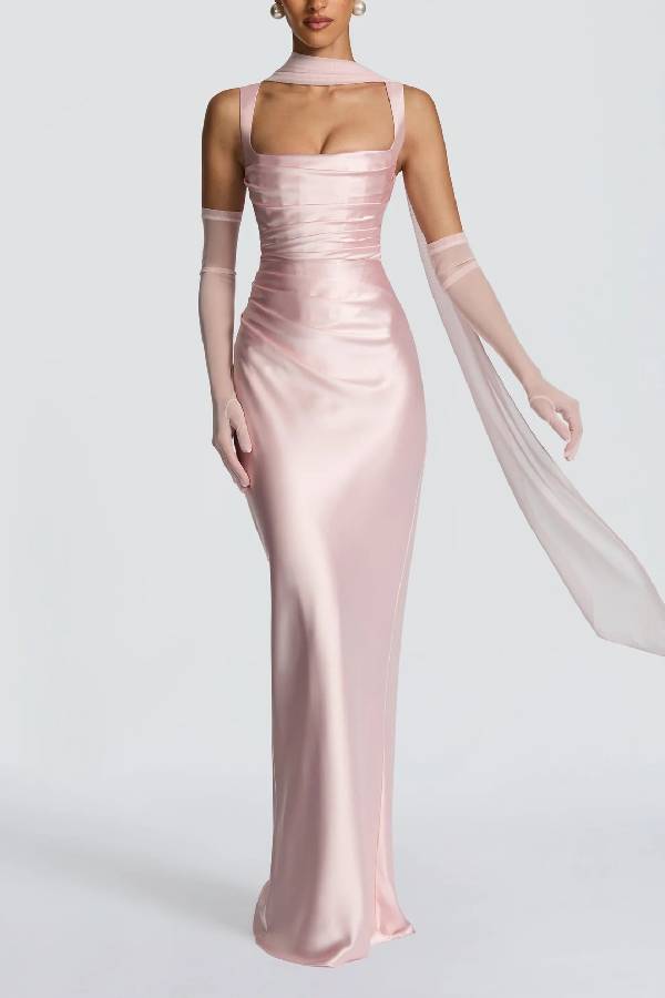 Halter Square Neck Ruched Satin Mermaid Maxi Evening Gown