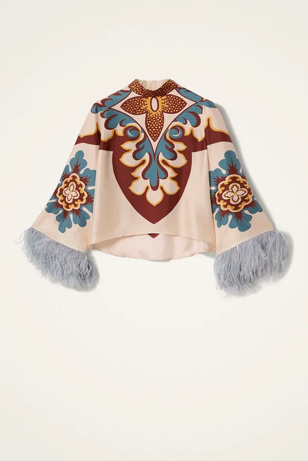 Bohemian Dreams Unique Print High Neck Feather Trim Bell Sleeve Top