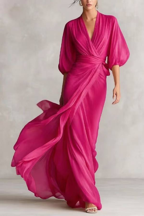Wrap V-Neck Lantern Sleeve Chiffon Evening Gown