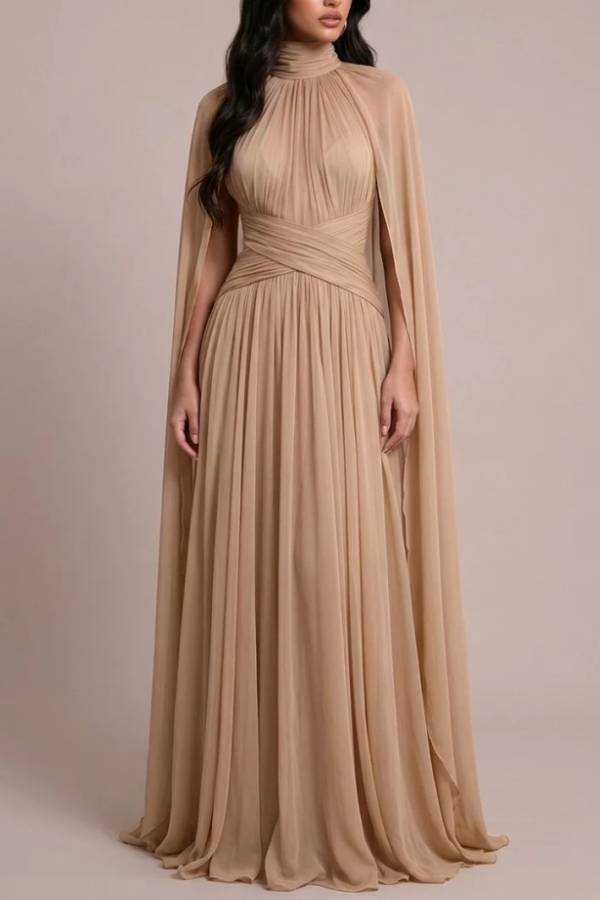 High Neck Pleated Cape Sleeve Chiffon Maxi Evening Dress