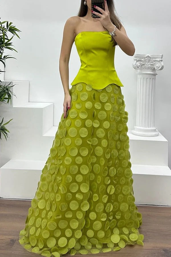 Hearts Aflutter Satin 3D Polka Dot Tulle Hem Strapless Evening Gown Maxi Dress