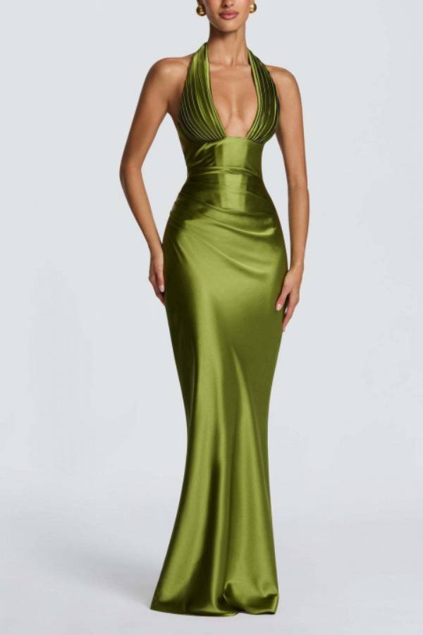 Halter Deep‑V Satin Mermaid Evening Maxi Dress
