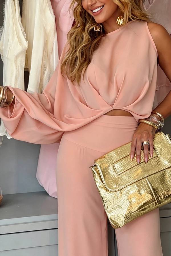 Oriana Irregular Design One Sleeve Crop Top and High Rise Wide Leg Pants Set