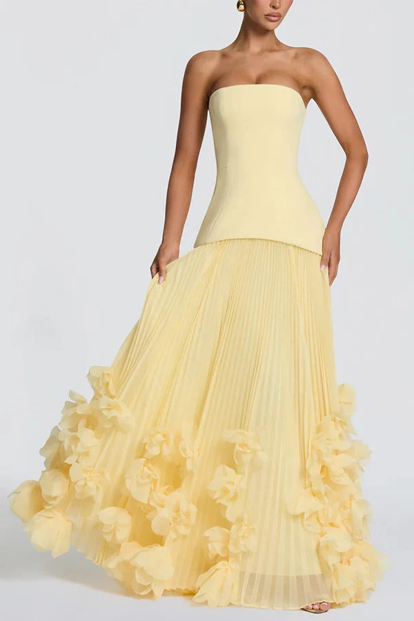 Serafina Strapless Back Lace-up Handcrafted Floral Appliqués Pleated Hem Gown Maxi Dress