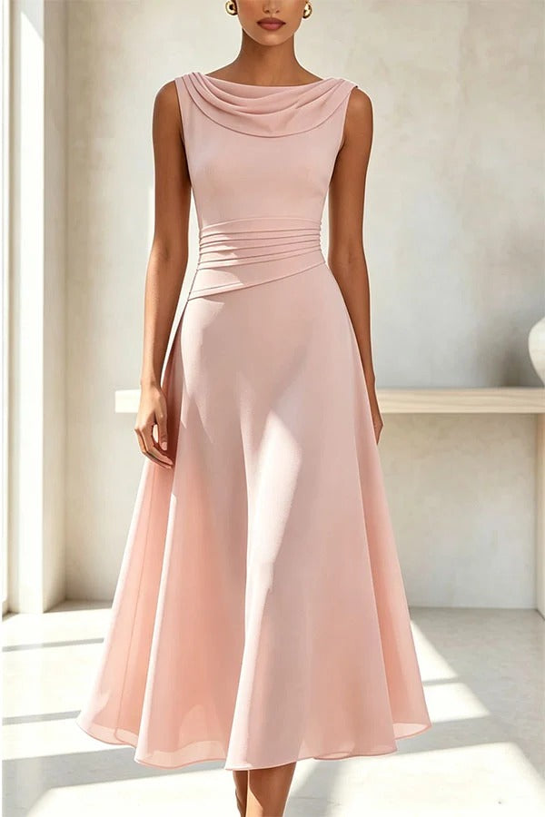 Solid Color Swing Collar Sleeveless Elegant Fitted Waist Full Hem Midi Dress