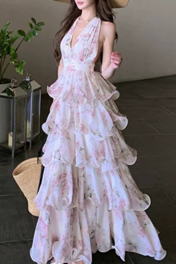 Halter Deep V Floral Ruffle Tiered Maxi Dress