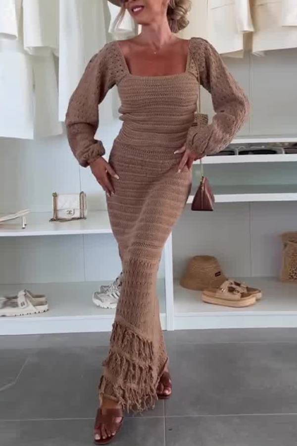 Square Neck Hollow‑Out Fringe Knit Maxi Dress