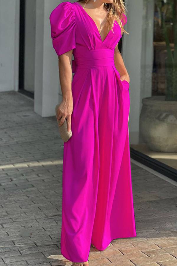 V-Neck Puff-Sleeve Waisted Wide-Leg Jumpsuit