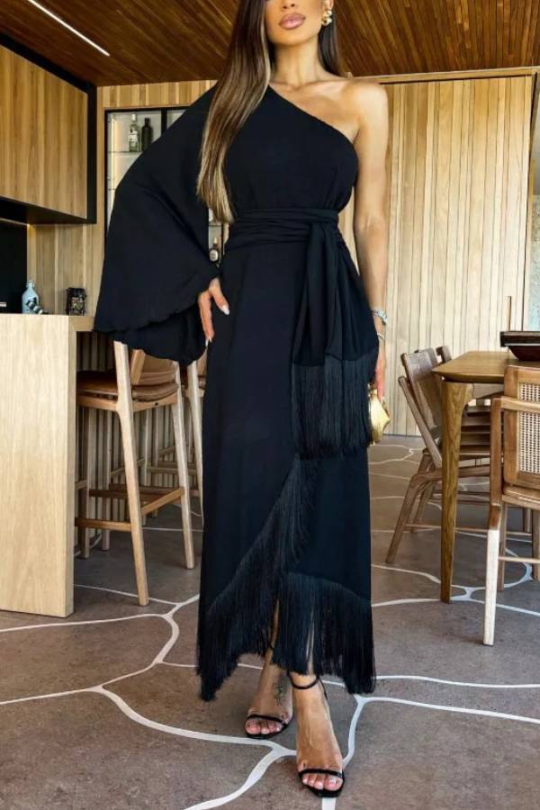 One Shoulder Bell Sleeve Fringe Maxi Dress Self Tie Waist Asymmetric Slit Party Vacation Long Gown