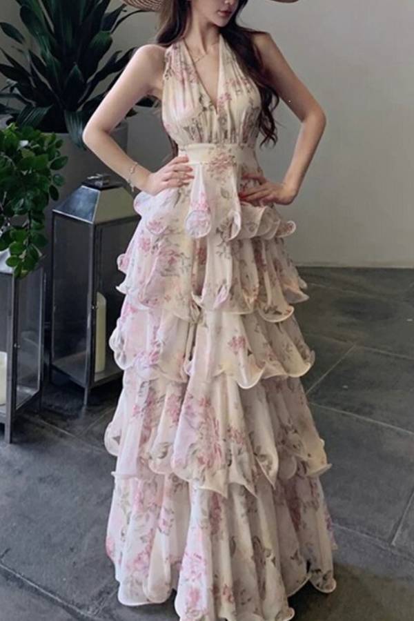 Halter Deep V Floral Ruffle Tiered Maxi Dress