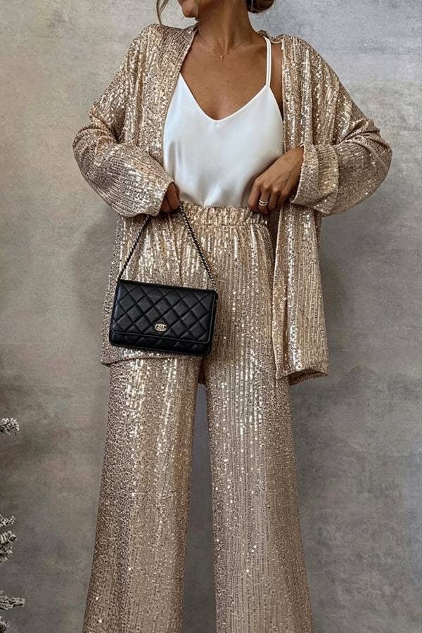 Party Scene Sequin Open Front Long Sleeve Drape Coat