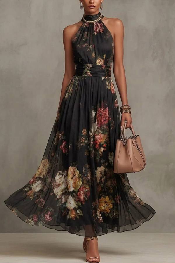 Halter Neck Watercolor Floral Print Chiffon Maxi Dress