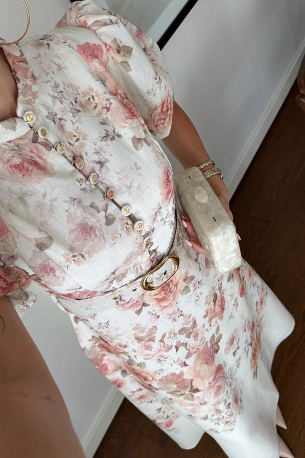 French Rose Print Puff Sleeve Midi Dress