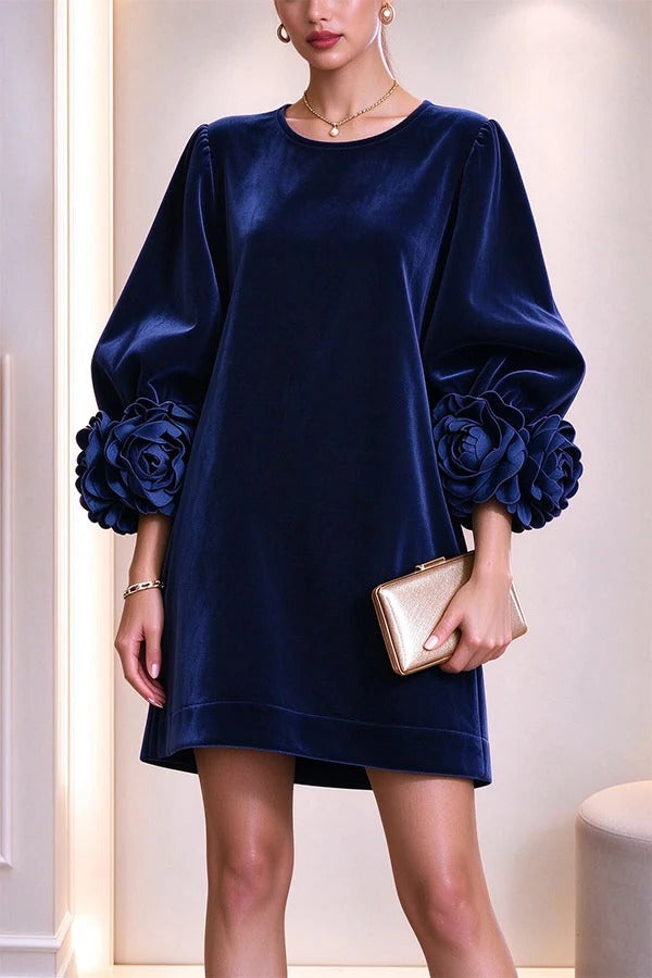 Rima Velvet Flowers Floral Cuffs Half Sleeve H-line Mini Dress