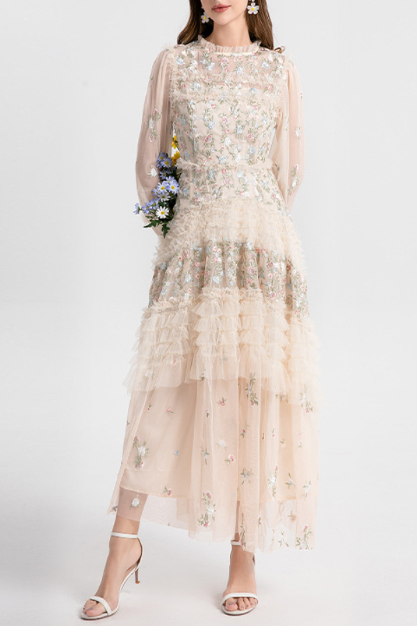 French Tulle Embroidery Floral Tiered Maxi Dress