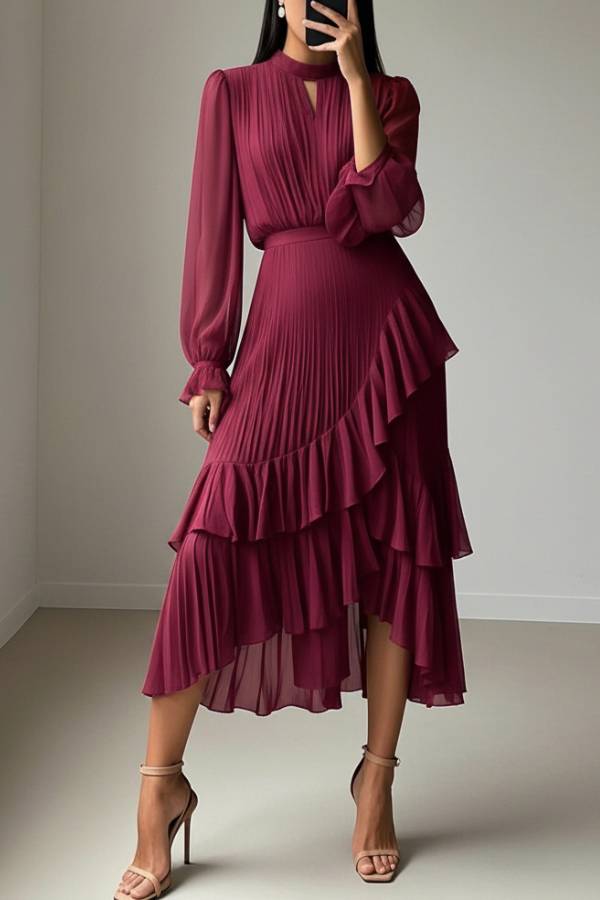 Mock Neck Cut‑Out Pleated Ruffle Long‑Sleeve Midi Dress