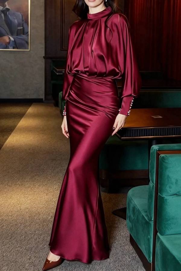 High Neck Bishop Sleeve Gathered Bodice Satin Maxi Dress