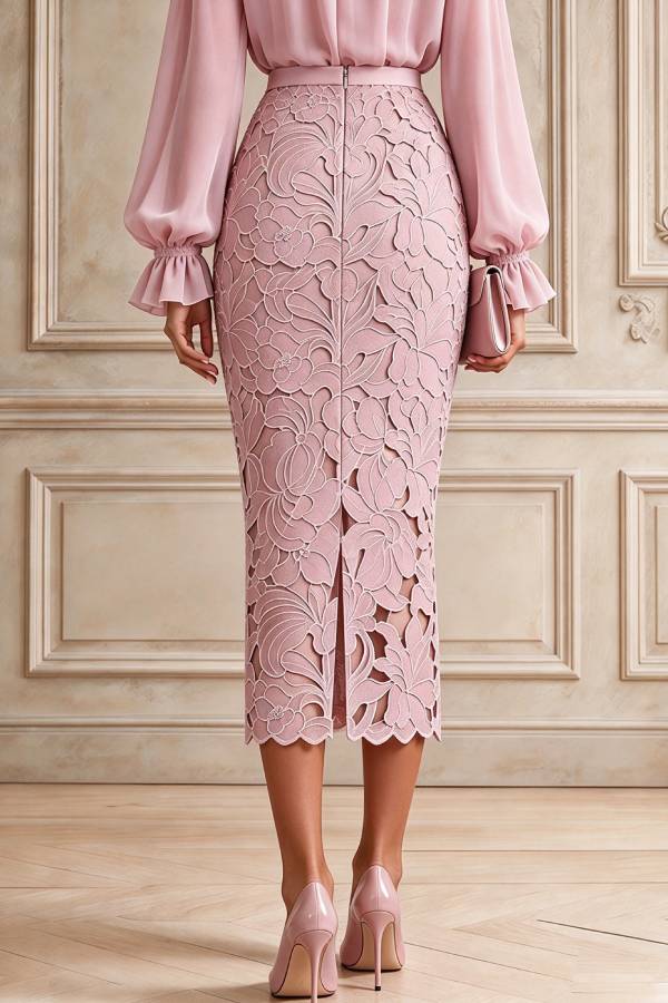 Becka Chiffon Pleated Lantern Sleeve Blouse and High Rise Embroidered Floral Pencil Skirt Set
