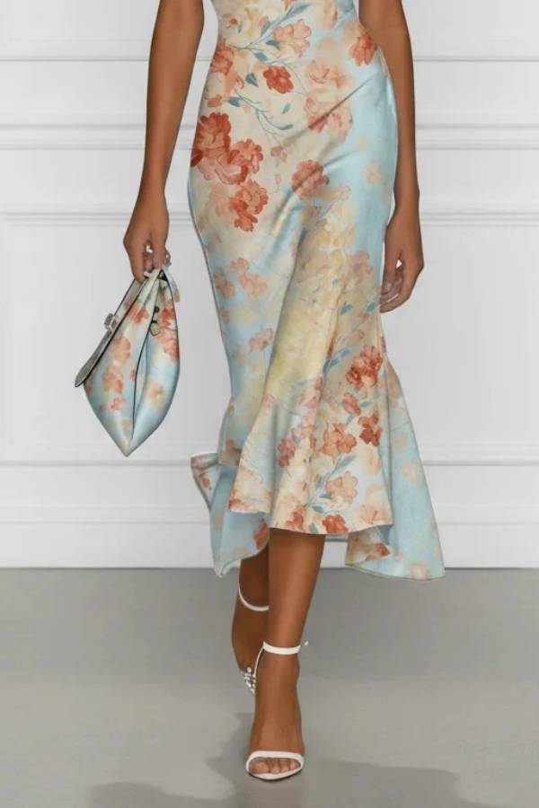 One-Shoulder Twisted Satin Floral Print Midi Dress