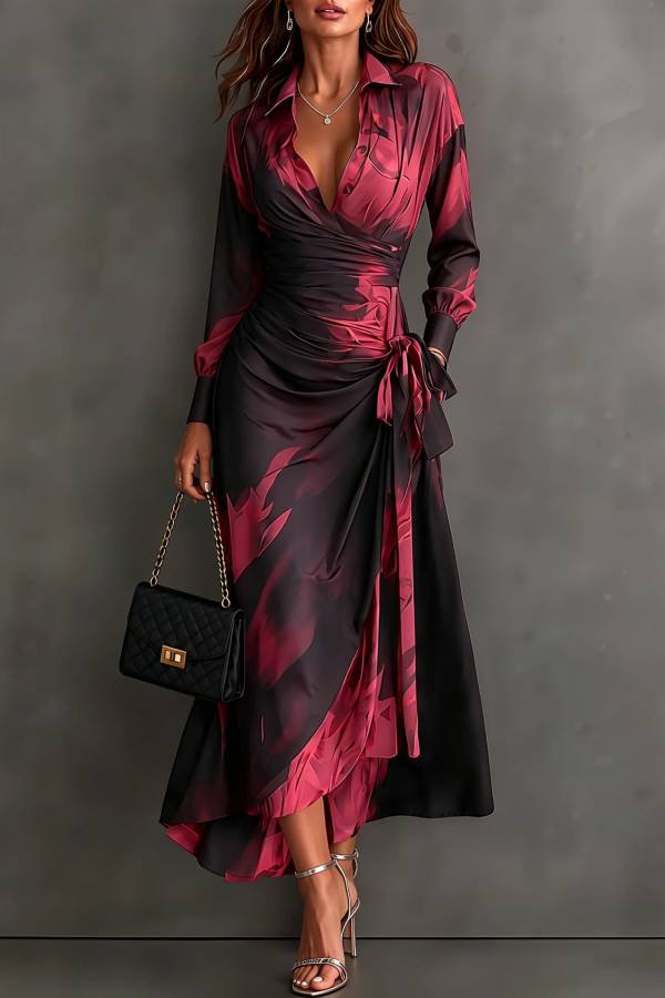 Black Red Abstract Print Wrap Collared Long Sleeve Tie‑Waist Hem Party Maxi Dress