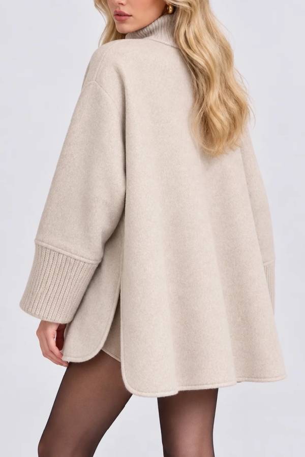 High Neck Button Up Swing Cape Coat with Faux Fur Patch Pockets