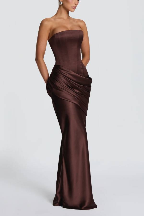 Ella Satin Detachable Asymmetric Off Shoulder Drape Panel Back Lace-up Maxi Dress